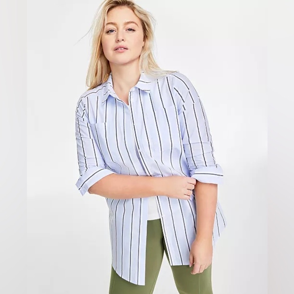 On 34th Cotton Tunic Button‎ Down Shirt Blue White Stripe size Medium